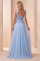 Laden Sie das Bild in den Galerie-Viewer, Himmelblaues A-Linie Sweetheart Chiffon Pailletten Langes Festkleid