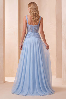 Himmelblaues A-Linie Sweetheart Chiffon Pailletten Langes Festkleid