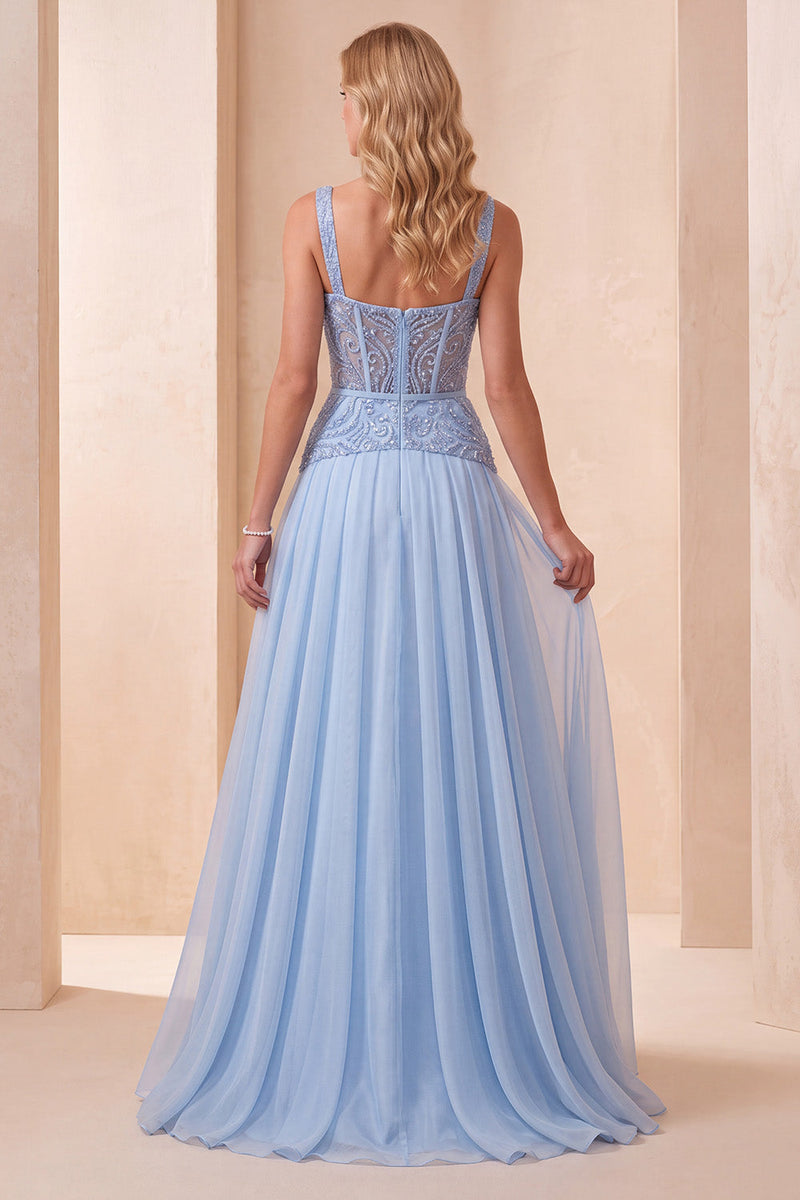 Laden Sie das Bild in den Galerie-Viewer, Himmelblaues A-Linie Sweetheart Chiffon Pailletten Langes Festkleid