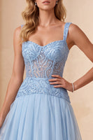 Laden Sie das Bild in den Galerie-Viewer, Himmelblaues A-Linie Sweetheart Chiffon Pailletten Langes Festkleid