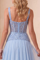 Laden Sie das Bild in den Galerie-Viewer, Himmelblaues A-Linie Sweetheart Chiffon Pailletten Langes Festkleid