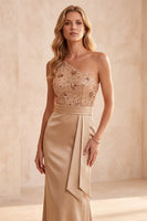 Laden Sie das Bild in den Galerie-Viewer, Champagner Meerjungfrau Eine Schulter Pailletten Satin Langes Festliches Kleid