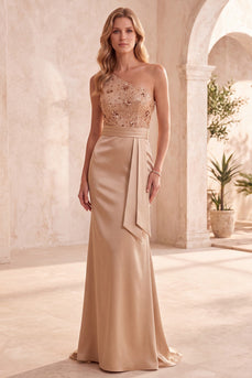 Champagner Meerjungfrau Eine Schulter Pailletten Satin Langes Festliches Kleid