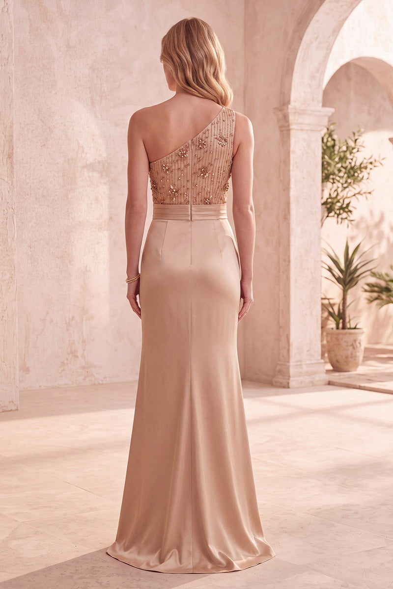 Laden Sie das Bild in den Galerie-Viewer, Champagner Meerjungfrau Eine Schulter Pailletten Satin Langes Festliches Kleid