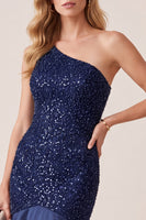 Laden Sie das Bild in den Galerie-Viewer, Dunkelblaues Meerjungfrauen Satin Pailletten Langes Festkleid mit Perlenbesatz