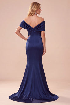 Dunkelblaues Schulterloses Satin Gerafftes Langes Festkleid