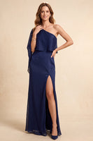Laden Sie das Bild in den Galerie-Viewer, Dunkelblaues Scheide Ein schulter Langes Festkleid mit Schlitz