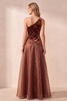 Kaffee A-Linie Einschulter Geblümtes Langes Festkleid