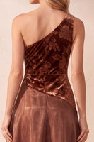 Laden Sie das Bild in den Galerie-Viewer, Kaffee A-Linie Einschulter Geblümtes Langes Festkleid