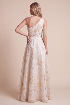 Elfenbein A-Linie Einschulter Bedrucktes Maxi Festkleid