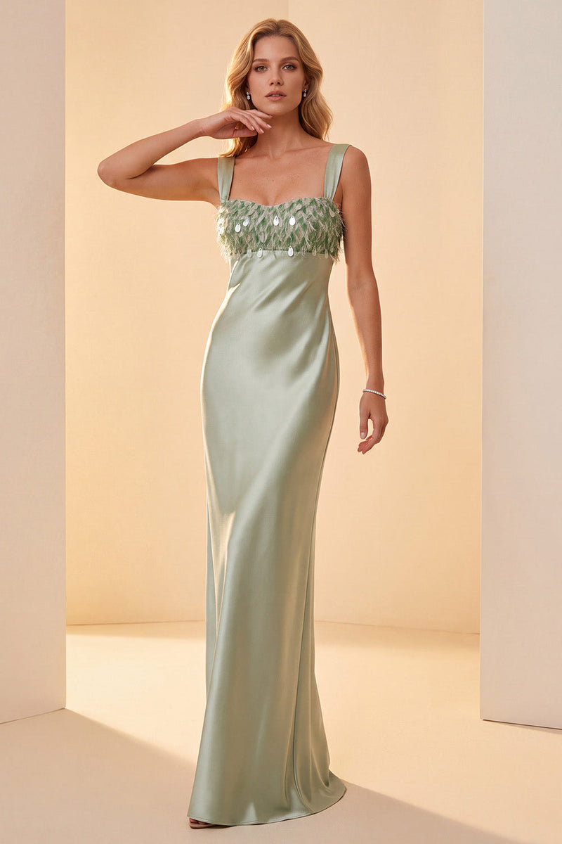 Laden Sie das Bild in den Galerie-Viewer, Hellgrünes Scheide Quadratischer hals Satin Pailletten Langes Festliches Kleid mit Federn