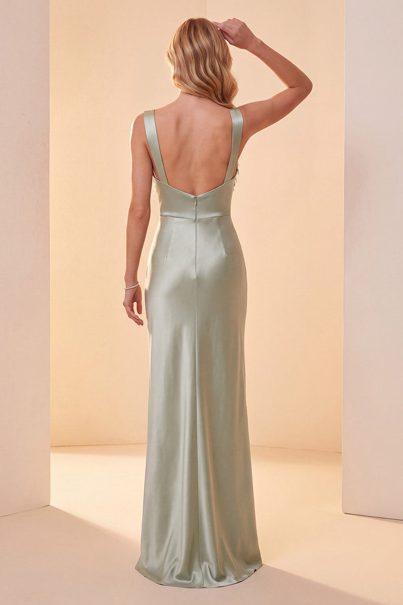 Laden Sie das Bild in den Galerie-Viewer, Hellgrünes Scheide Quadratischer hals Satin Pailletten Langes Festliches Kleid mit Federn