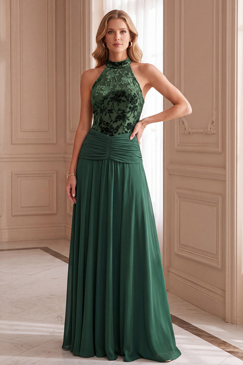 Laden Sie das Bild in den Galerie-Viewer, Grünes A-Linie Langes Festkleid Gerafftes Samtiges Abendkleid