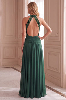 Grünes A-Linie Langes Festkleid Gerafftes Samtiges Abendkleid