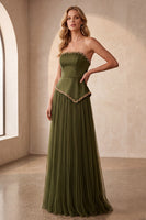 Laden Sie das Bild in den Galerie-Viewer, Olive A-Linie Trägerloses Plissiertes Satin Langes Festliches Kleid mit Perlenbesatz
