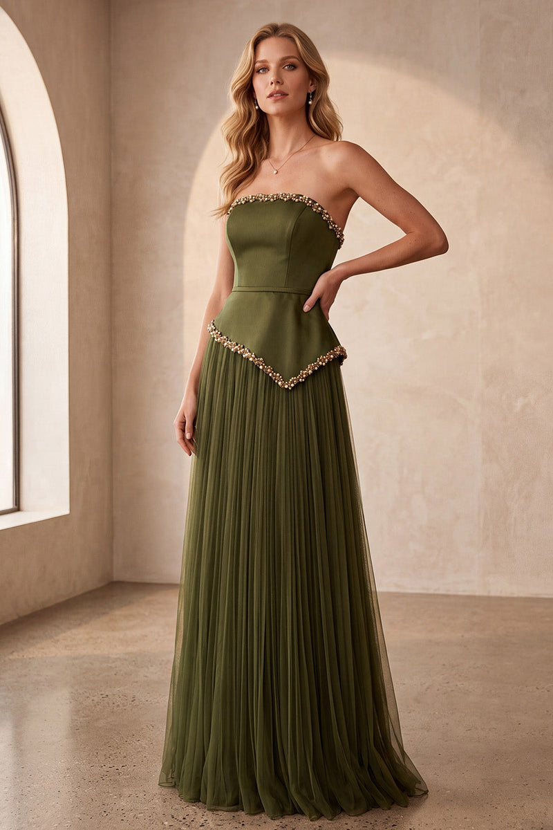 Laden Sie das Bild in den Galerie-Viewer, Olive A-Linie Trägerloses Plissiertes Satin Langes Festliches Kleid mit Perlenbesatz