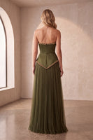 Laden Sie das Bild in den Galerie-Viewer, Olive A-Linie Trägerloses Plissiertes Satin Langes Festliches Kleid mit Perlenbesatz