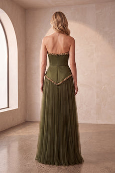 Olive A-Linie Trägerloses Plissiertes Satin Langes Festliches Kleid mit Perlenbesatz