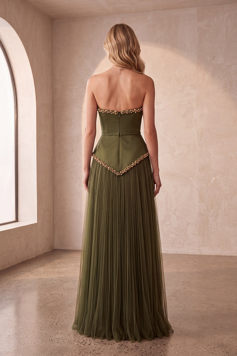 Laden Sie das Bild in den Galerie-Viewer, Olive A-Linie Trägerloses Plissiertes Satin Langes Festliches Kleid mit Perlenbesatz