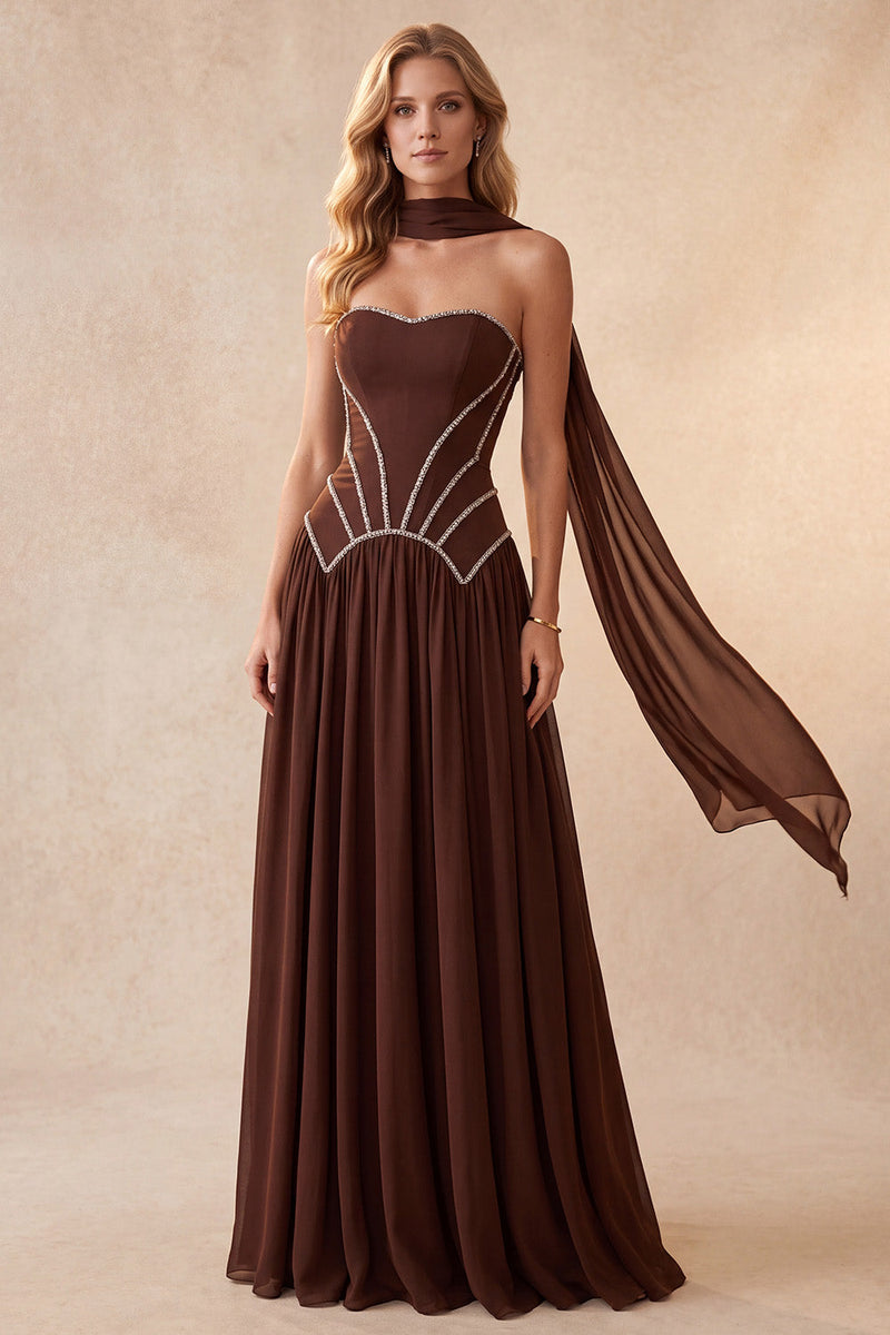 Laden Sie das Bild in den Galerie-Viewer, Kaffee Korsett Sweetheart A-Linie Langes Festkleid mit Strass