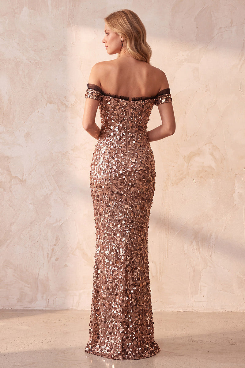 Laden Sie das Bild in den Galerie-Viewer, Khaki Meerjungfrauen Off-the-Shoulder Pailletten Langes Festkleid
