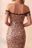 Laden Sie das Bild in den Galerie-Viewer, Khaki Meerjungfrauen Off-the-Shoulder Pailletten Langes Festkleid