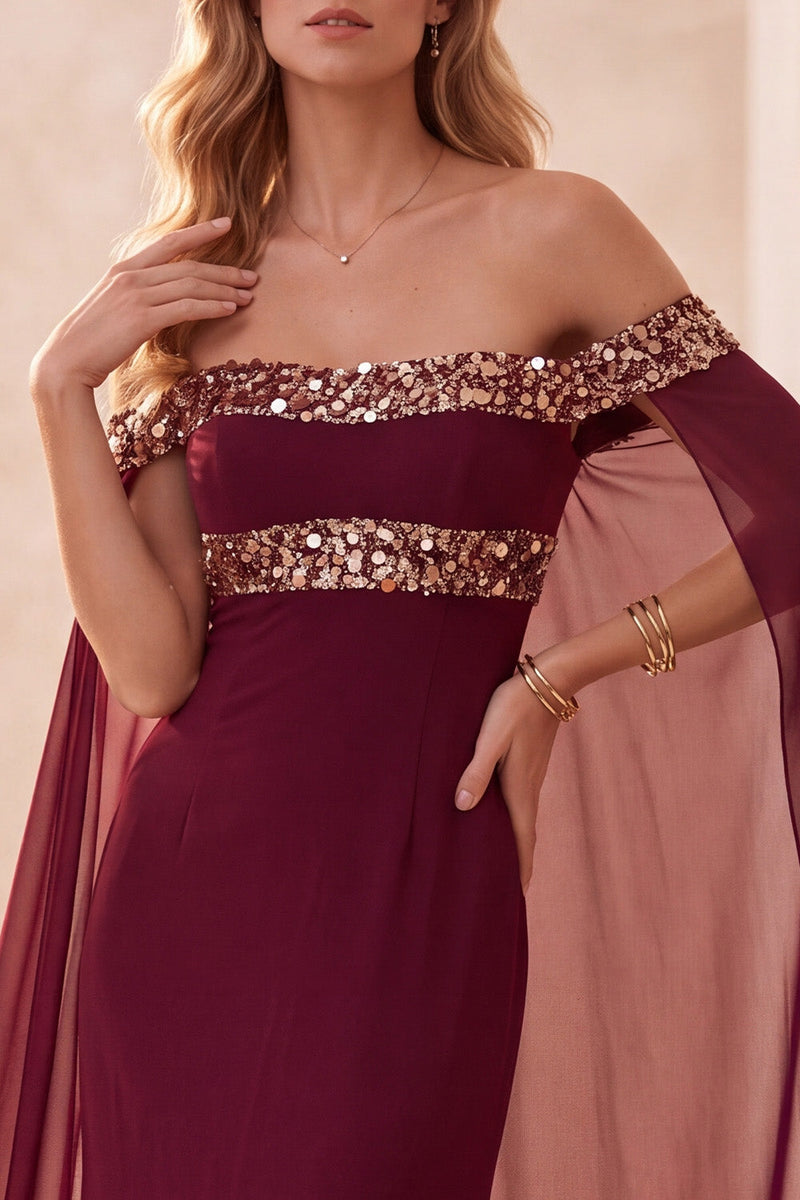 Laden Sie das Bild in den Galerie-Viewer, Burgundergrünes Meerjungfrau Schulterloses Umhang Langes Festkleid mit Pailletten