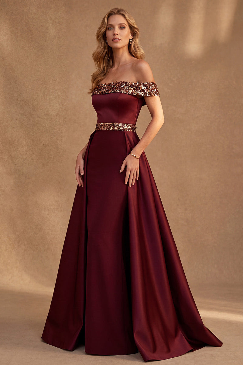 Laden Sie das Bild in den Galerie-Viewer, Bordeauxrotes Schulterloses Langes A-Linie Satin Festliches Kleid mit Pailletten