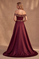 Laden Sie das Bild in den Galerie-Viewer, Bordeauxrotes Schulterloses Langes A-Linie Satin Festliches Kleid mit Pailletten