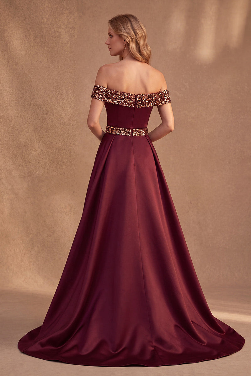 Laden Sie das Bild in den Galerie-Viewer, Bordeauxrotes Schulterloses Langes A-Linie Satin Festliches Kleid mit Pailletten