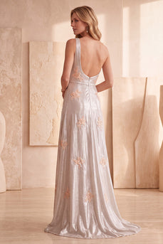 Silbernes A-Linie Einschulter Langes Festkleid mit Applikationen