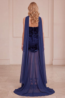 Marineblaues Meerjungfrauen Samt Trägerloses Chiffon Floral Langes Abendkleid