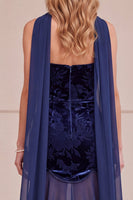 Laden Sie das Bild in den Galerie-Viewer, Marineblaues Meerjungfrauen Samt Trägerloses Chiffon Floral Langes Abendkleid