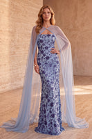 Laden Sie das Bild in den Galerie-Viewer, Schieferblaues Meerjungfrauen Trägerloses Pailletten Langes Blumen Abendkleid mit Umhang