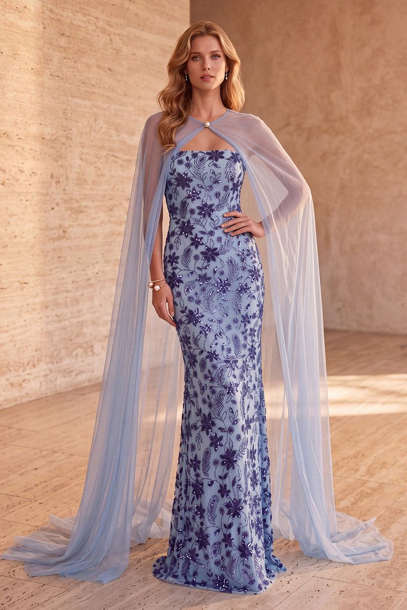 Laden Sie das Bild in den Galerie-Viewer, Schieferblaues Meerjungfrauen Trägerloses Pailletten Langes Blumen Abendkleid mit Umhang