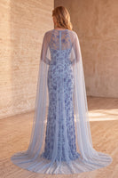 Laden Sie das Bild in den Galerie-Viewer, Schieferblaues Meerjungfrauen Trägerloses Pailletten Langes Blumen Abendkleid mit Umhang