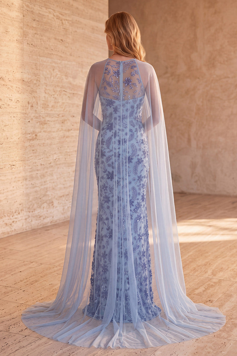 Laden Sie das Bild in den Galerie-Viewer, Schieferblaues Meerjungfrauen Trägerloses Pailletten Langes Blumen Abendkleid mit Umhang