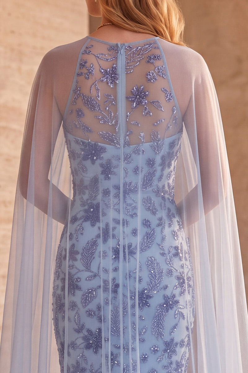 Laden Sie das Bild in den Galerie-Viewer, Schieferblaues Meerjungfrauen Trägerloses Pailletten Langes Blumen Abendkleid mit Umhang