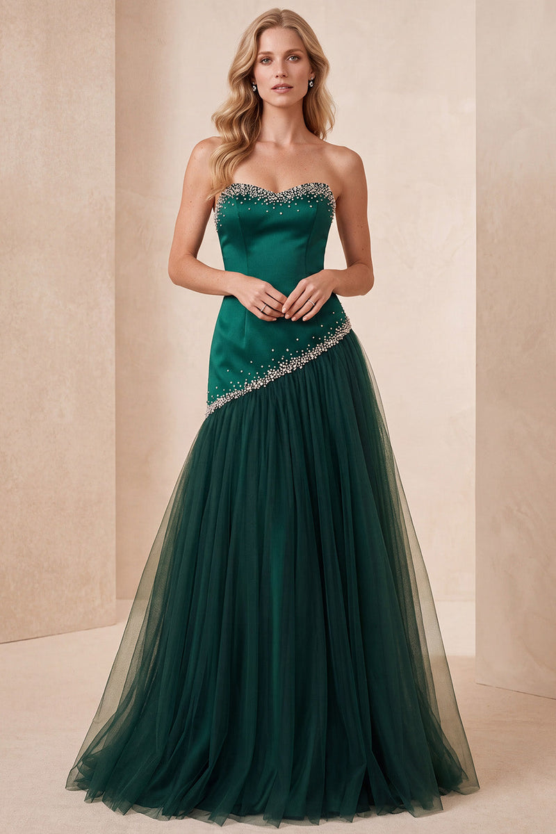 Laden Sie das Bild in den Galerie-Viewer, Dunkelgrünes Trägerloses Satin Tüll Langes Abendkleid mit Perlenbesatz in A-Linie