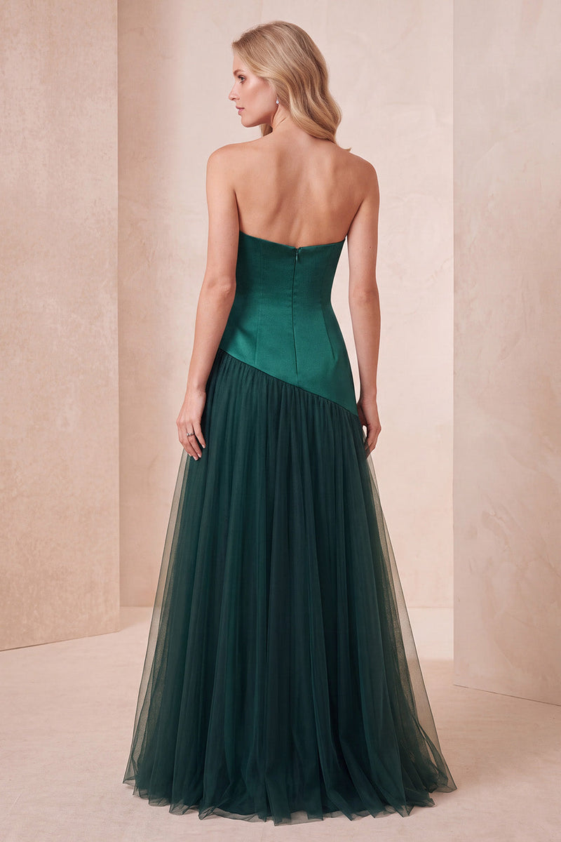 Laden Sie das Bild in den Galerie-Viewer, Dunkelgrünes Trägerloses Satin Tüll Langes Abendkleid mit Perlenbesatz in A-Linie