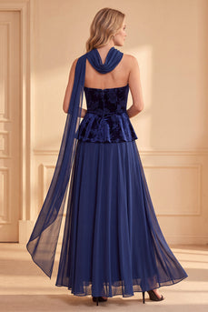 Dunkelblaues A-Linie Samt Trägerloses Chiffon Bedrucktes Langes Festkleid