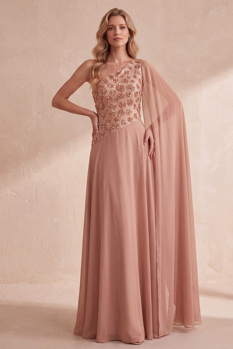 Laden Sie das Bild in den Galerie-Viewer, Khaki A-Linie Chiffon Eine Schulter besetztes Langes Festliches Kleid mit Umhang