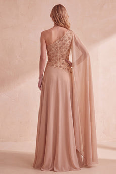 Khaki A-Linie Chiffon Eine Schulter besetztes Langes Festliches Kleid mit Umhang