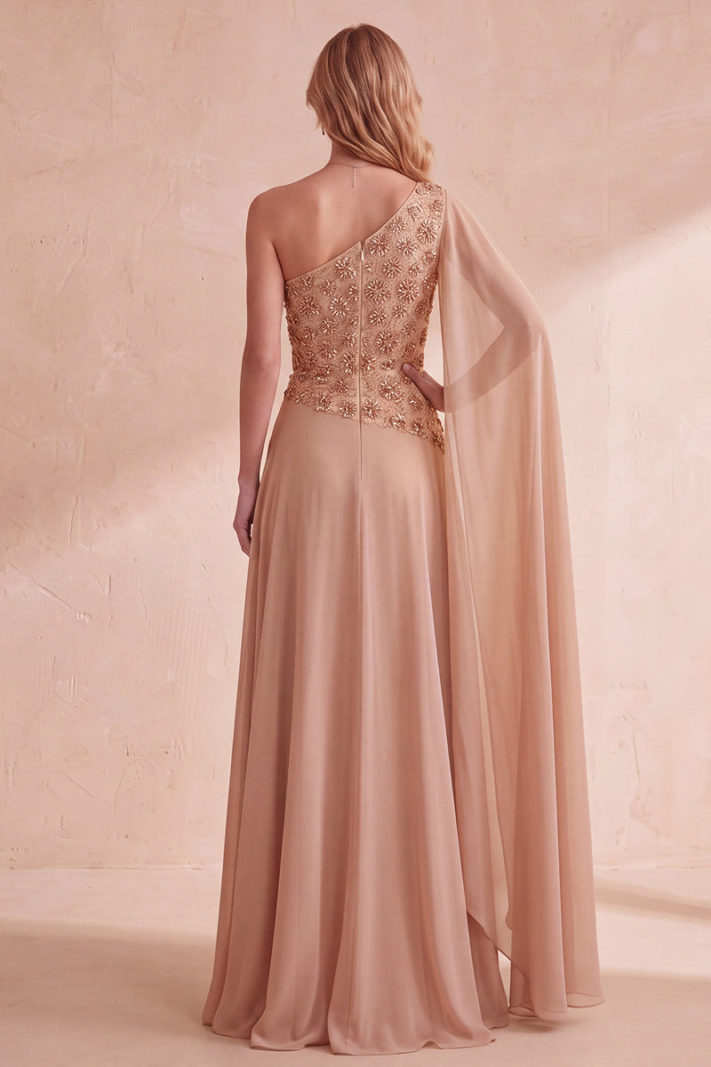 Laden Sie das Bild in den Galerie-Viewer, Khaki A-Linie Chiffon Eine Schulter besetztes Langes Festliches Kleid mit Umhang