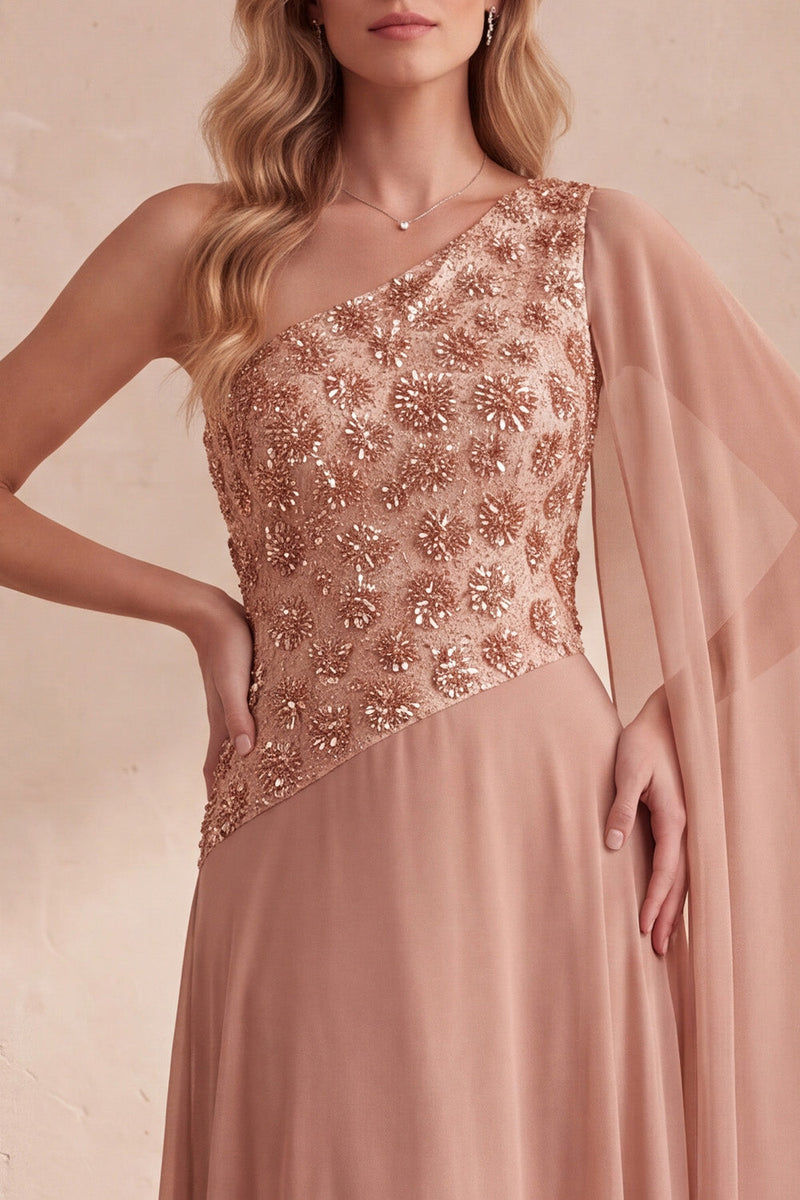 Laden Sie das Bild in den Galerie-Viewer, Khaki A-Linie Chiffon Eine Schulter besetztes Langes Festliches Kleid mit Umhang