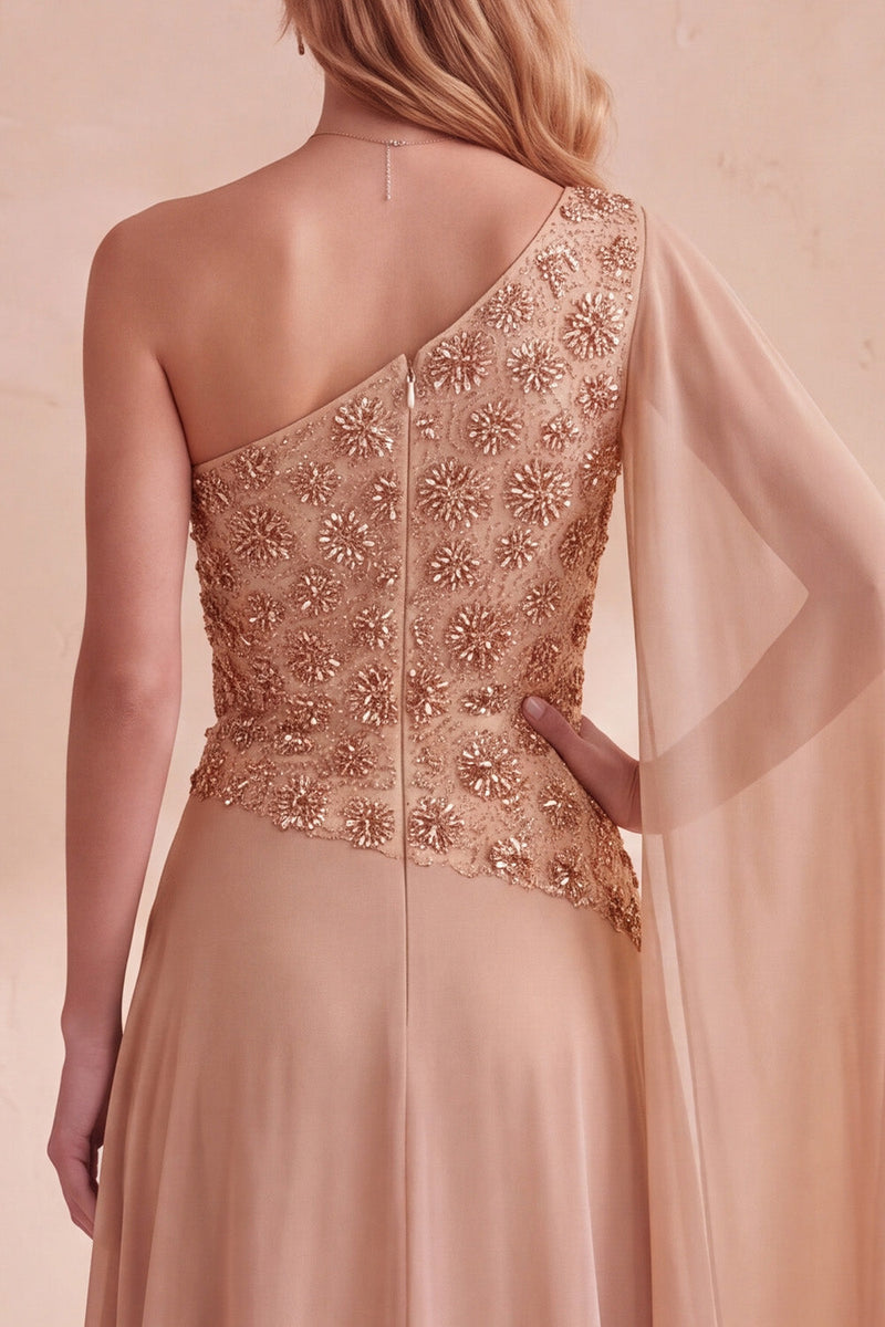 Laden Sie das Bild in den Galerie-Viewer, Khaki A-Linie Chiffon Eine Schulter besetztes Langes Festliches Kleid mit Umhang
