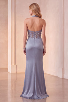 Staubblaues Halter Gerafftes Satin Abendkleid mit 3D-Blume