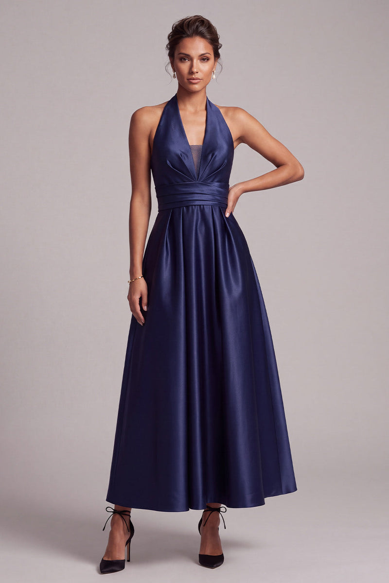Laden Sie das Bild in den Galerie-Viewer, Dunkelblaues A-Linie Satin Halter Gerafftes Midi Festkleid