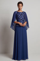 Laden Sie das Bild in den Galerie-Viewer, Marineblaues A-Linie Bateau-Hals Muster Chiffon Langes kleid der Mutter der Braut mit Flatterärmeln