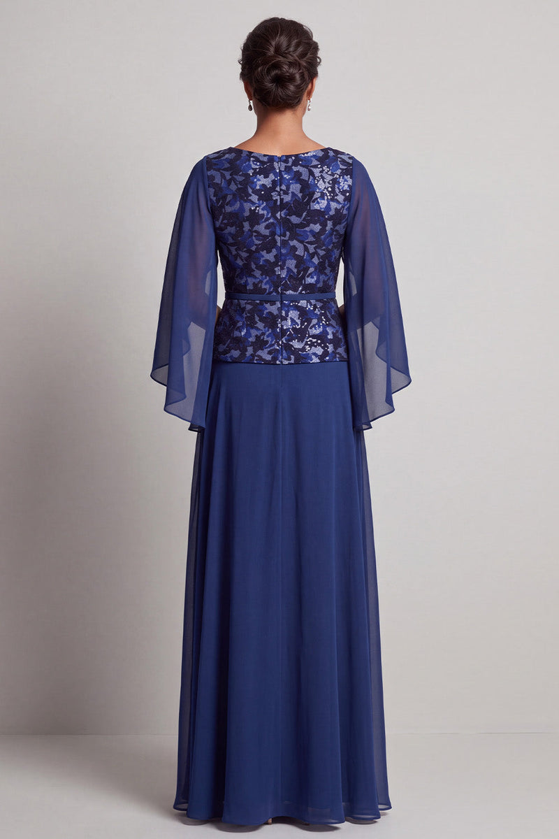 Laden Sie das Bild in den Galerie-Viewer, Marineblaues A-Linie Bateau-Hals Muster Chiffon Langes kleid der Mutter der Braut mit Flatterärmeln